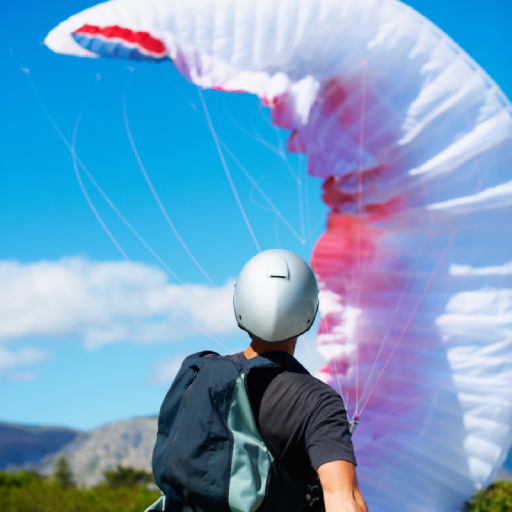 Imagen visual de un chico con equipación de vuelo y un parapente gigante de fondo